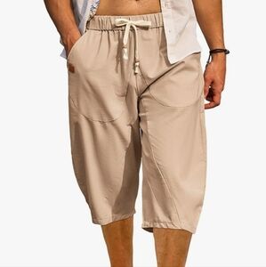 New JMIERR Linen Harem Capri Loose Fit 3/4 Shorts Drawstring Elastic Waist.